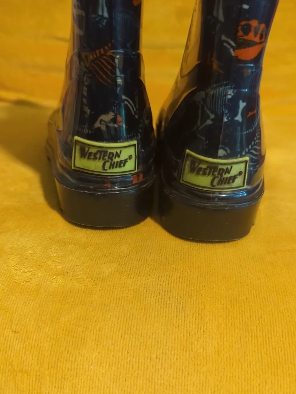 Kids Western Chief Waterproof Navy Dinosaur Rain Boots with Orange Handles Sz 10